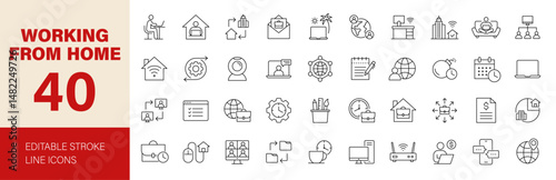 Working from home icon set. Containing remote working, freelance, hybrid work, digital nomad, office, work at home and more. Editable line icons. Vector illustration.