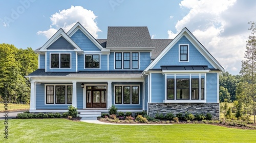 A serene suburban powder blue house with traditional windows, situated on a large lot. photo