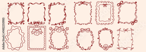 Vintage hand drawn frames with whimsical lines, bows, ribbons. Cute pink red all color minimalist line art borders. Vector template for poster, banner, wedding invitation, card