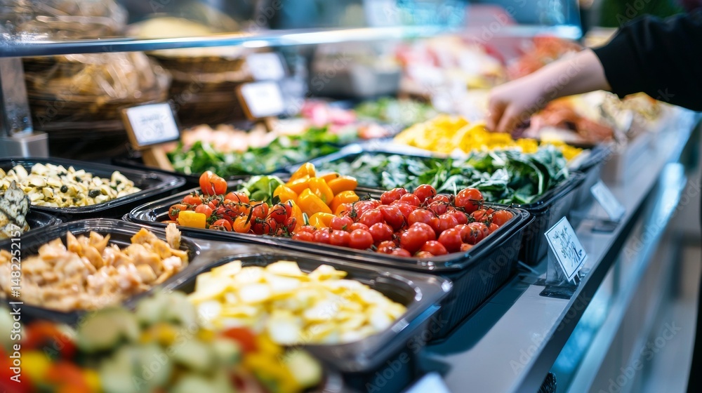 Obraz premium Fresh produce salad bar with vibrant vegetables on cold market display counter