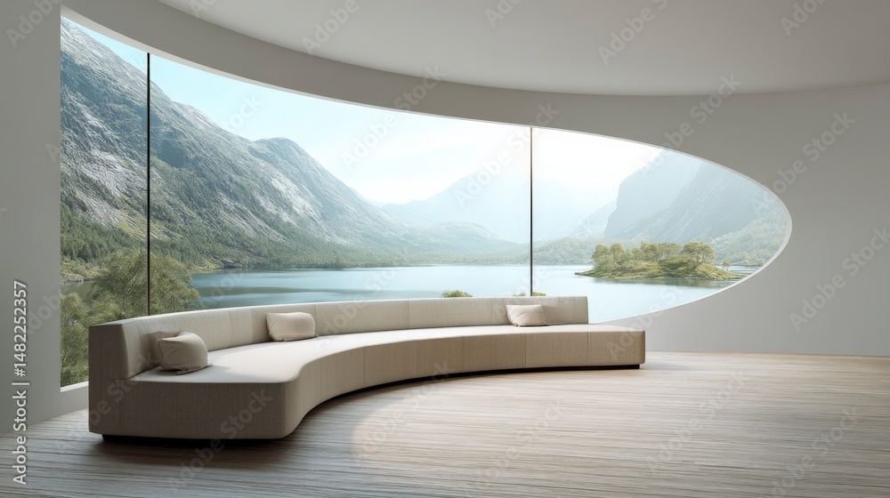 Fototapeta premium 3D Render of a High-End Modern Beige Living Room with Curved Sofa and Bright Decor