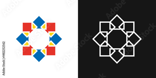 Circular house mosaic logo with architectural symmetry. Abstract symbol for real estate, community, or housing projects.