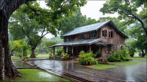 Wooden House in Lush Greenery During a Summer Rainstorm