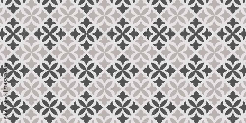 Elegant seamless floral tile pattern in gray tones with geometric symmetry, suitable for wallpapers, textiles, and interior design.
