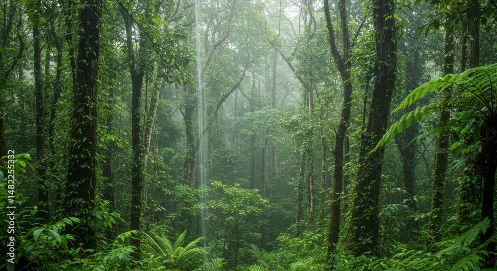 Obraz premium Lush green rain forest. Dense foliage, tall trees, misty ambiance