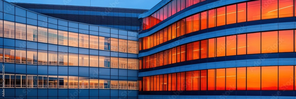 Obraz premium Modern Glass Building Architecture Sunset Reflection Design city blue view urban light lines shape