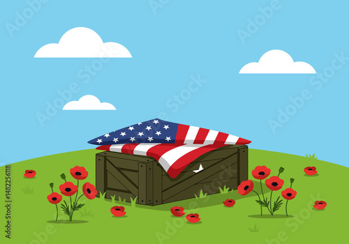 Illustration for USA Memorial Day: Casket draped with the American flag, surrounded by red poppies on a green field under a blue sky. Honoring fallen heroes