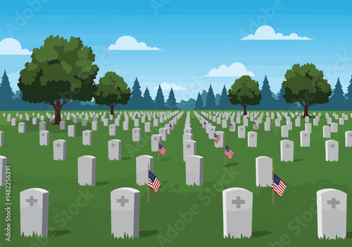 Adobe Illustrator Artwork Illustration for USA Memorial Day: Vast military cemetery with rows of headstones and small American flags. Remembering and honoring fallen heroes