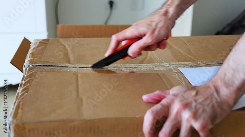 Man Opening Cardboard Box Utility Knife Hands Package Unboxing Shipping Parcel Blade Cut Work Delivery Storage