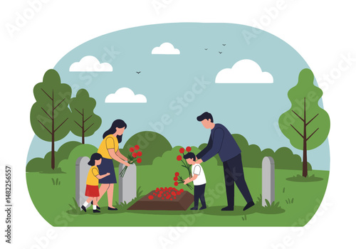 Adobe Illustrator Artwork Illustration for USA Memorial Day: Family placing red poppies on graves in a cemetery. Remembering and honoring loved ones and fallen heroes