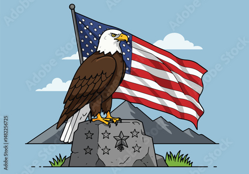 Adobe Illustrator Artwork Illustration for USA Memorial Day: Bald eagle perched on a star-marked stone with the American flag waving. Symbol of remembrance and national pride