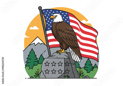 Adobe Illustrator Artwork Illustration for USA Memorial Day: Bald eagle perched on a star-marked stone with the American flag waving. Symbol of remembrance and national pride