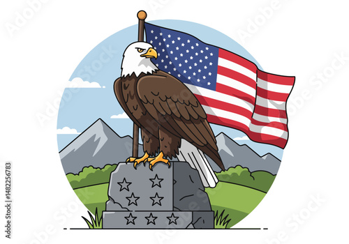 Adobe Illustrator Artwork Illustration for USA Memorial Day: Bald eagle perched on a star-marked stone with the American flag waving. Symbol of remembrance and national pride