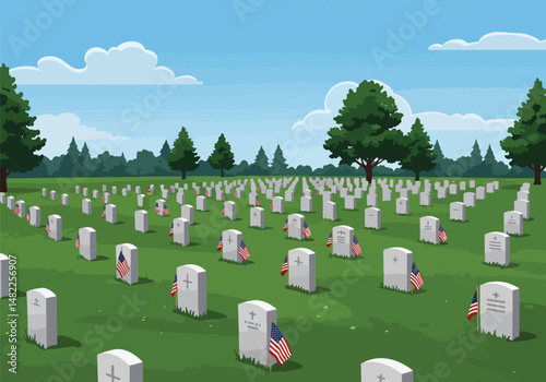 Adobe Illustrator Artwork Illustration for USA Memorial Day: Vast military cemetery with rows of headstones and small American flags. Remembering and honoring fallen heroes
