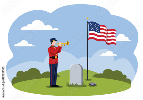 Adobe Illustrator Artwork Illustration for USA Memorial Day: Bugler playing Taps at a military grave with the American flag. Honoring fallen heroes with a solemn tribute