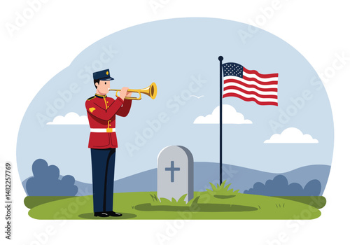 Adobe Illustrator Artwork Illustration for USA Memorial Day: Bugler playing Taps at a military grave with the American flag. Honoring fallen heroes with a solemn tribute
