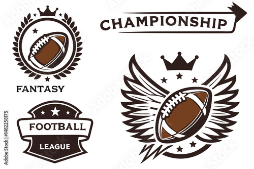 American Football Emblems Vector Set: Fantasy League, Championship Titles, and Winged Ball Icons for Sports Design.