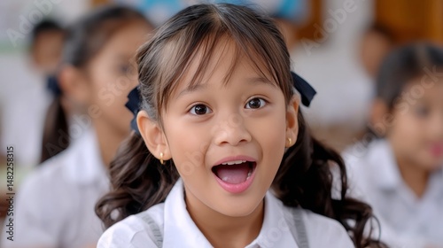 Excited asian female child in school classroom wearing uniform