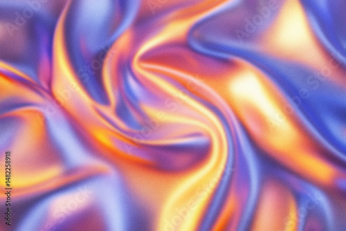 Abstract Satin Texture: A close-up view of luxurious satin fabric with shimmering, iridescent hues of blue, orange and yellow, creating a captivating abstract texture.