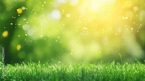 Pollen grains drifting in air, blurred green field behind, symbolizing high pollen levels.