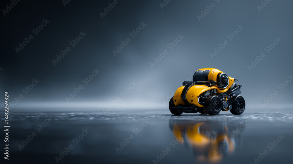 Fototapeta premium A sleek yellow robotic vehicle on a reflective surface in a misty environment.