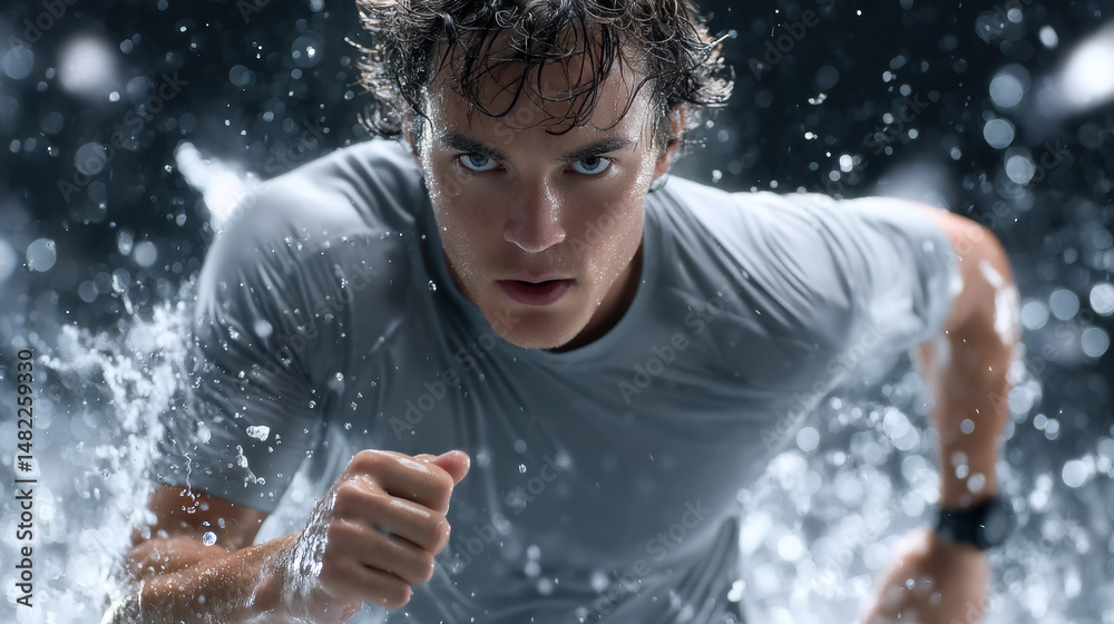 Fototapeta premium Determined Athlete Running Through Water Intense Fitness Motivational Sports Image