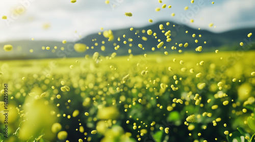 Pollen grains drifting in air, blurred green field behind, symbolizing high pollen levels.