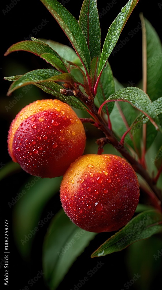 Obraz premium Vibrant fresh nectarines with water droplets on tree branch