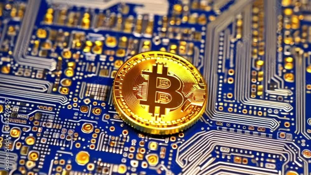 Goldene Bitcoin-Münze auf Computerplatine liegend – Symbol für digitale Währung