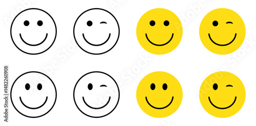 Minimalist smiley face vector set with winking and happy expressions in black and yellow on isolated transparent background, happy face, funny face, illustration