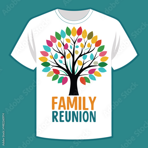 T shirt design depicting a family reunion theme with a colorful tree representing family unity