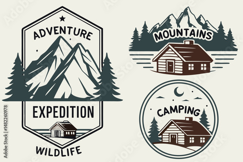 Set of Vintage Style Outdoor Adventure Badges with Mountain and Cabin Illustrations for Camping and Expedition.