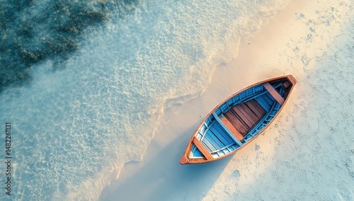 Fototapeta Naklejka Na Ścianę i Meble -  Tranquil wooden boat on sandy beach