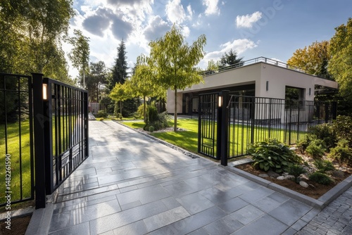 Modern gated house with a sleek driveway, lush garden, and contemporary architecture surrounded by greenery.