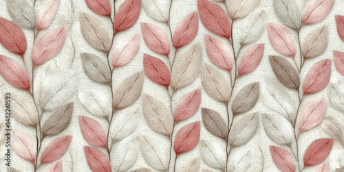Flat illustration of a seamless knitted texture pattern, with a variety of knit and purl stitches in a soft, neutral color palette,