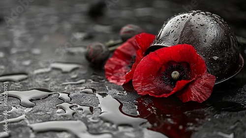 Rememberance Day Poppies Wet Helmet Dark Background Remembrance red war loss life grey poppy water