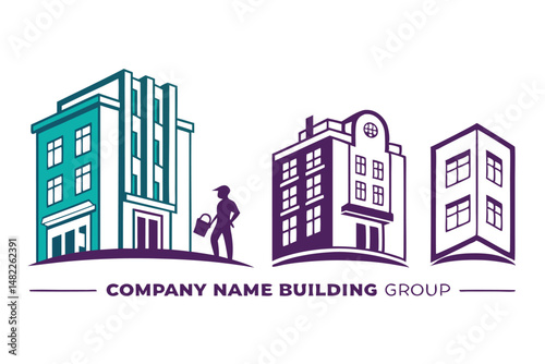 Modern Architectural Logo Concept Featuring Building Illustrations in Blue and Purple Color Palette with construction worker silhouette.