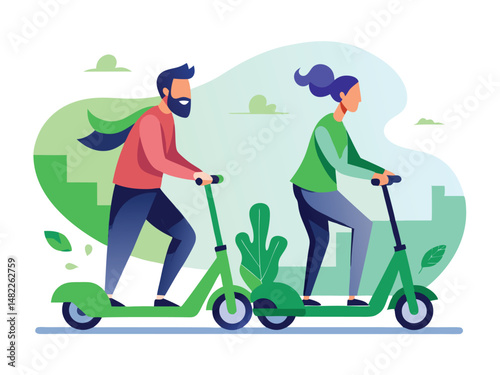 Couple riding electric scooters together in a green environment for active lifestyle concepts