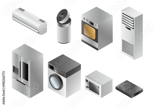 Isometric view of various kitchen and home appliances