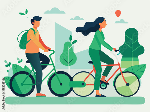 A couple enjoying a leisurely bike ride through a park on a sunny day illustration