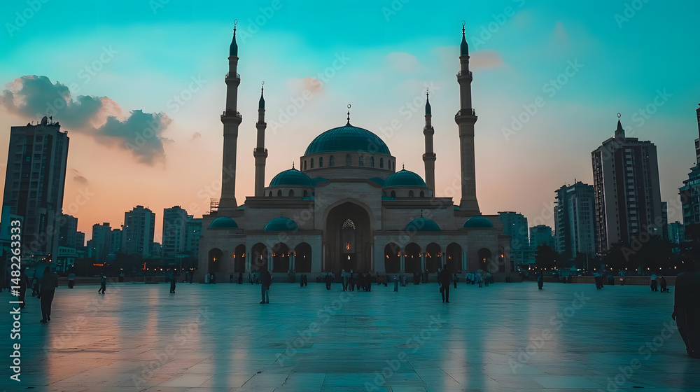 Naklejka premium Mosque Sunset Cityscape: Stunning View