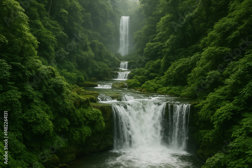 Waterfall with a lush green forest in the background