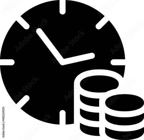 Time and money icon with clock and coins. Silhouette style.
