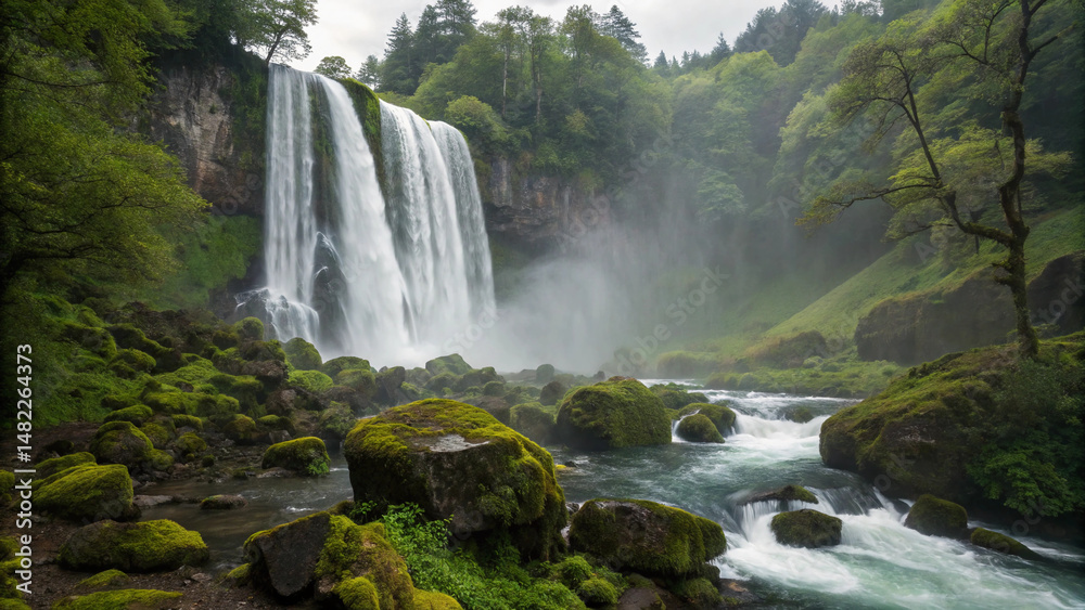 Fototapeta premium Waterfall is surrounded by rocks and trees