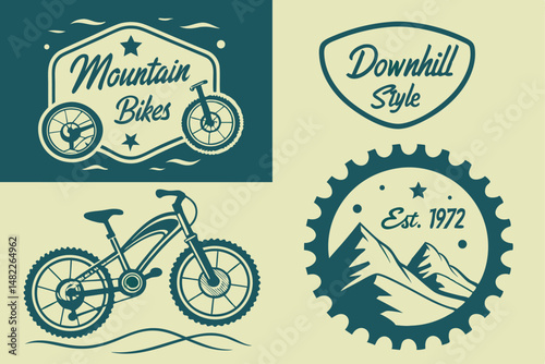 Vintage Mountain Biking and Downhill Style Vector Graphic Elements for Logos and Badges Design, Retro Teal on Beige.