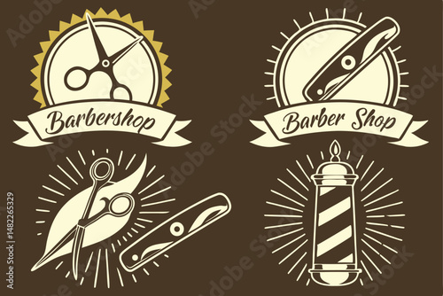 Set of Vintage Barbershop Logos with Scissors, Razor, and Barber Pole on Brown Background, Vector Illustration.