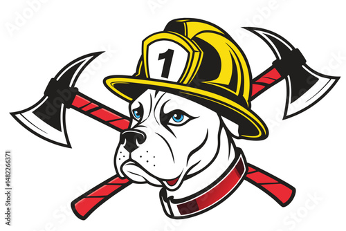Bulldog Firefighter Cartoon Vector Illustration with Crossed Axes, Ready for Heroic Adventures and Emblem Designs.
