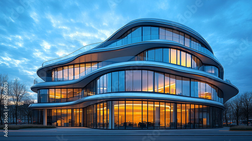 Modern, curved office building at twilight.  Exterior shot of a dynamic, architectural structure with glass facades and warm interior lighting.