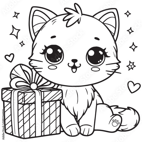 Kitten on gift boxes, surrounded by floating hearts.