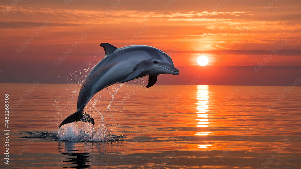 Fototapeta premium graceful dolphin sunset ocean jump vector illustration